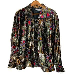 Vintage 80s KoCal Full Zip Velvet Metallic Jacket Abstract Art Print - XL